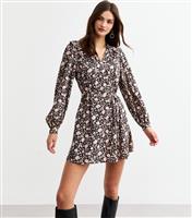 Women's Black Floral Print Tie Neck Mini Dress New Look