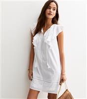 Women's White Ruffle Tie Faux Button Mini Dress New Look