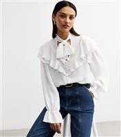 Women's Off White Ruffle Trimmed Tie Neck Blouse New Look