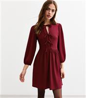 Women's Burgundy Tie Front Textured Jersey Mini Dress New Look