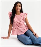 Women's Pink Rose Print Ruffle Sleeve Top New Look