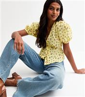 Women's Yellow Crepe Ditsy Print Button Front Milkmaid Top New Look