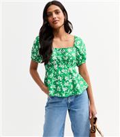 Women's Green Floral Print Peplum Top New Look