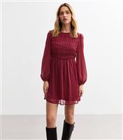 Women's Burgundy Shirred Chiffon Mini Dress New Look
