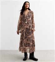 Women's Brown Zebra Print Ruffle Trim Chiffon Midi Dress New Look
