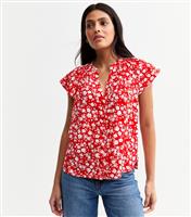 Women's Red Floral Print Flutter Sleeve Top New Look