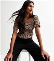 Women's Brown Leopard Print Puff Sleeve Shirred Top New Look
