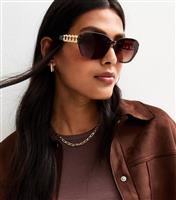 Brown Square Frame Tortoiseshell Chain Trim Sunglasses New Look