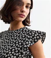 Women's Black Ruffled Sleeve Floral Print Top New Look