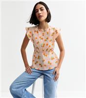 Women's Off White Orange Print Ruffle Sleeve Top New Look