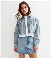 Women's Petite Blue Raw Hem Cropped Denim Jacket New Look