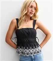 Women's Black Embroidered Trim Shirred Waist Strappy Cami Top New Look