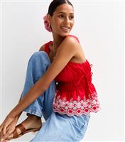 Women's Red Floral Embroidered Shirred Cami Top New Look