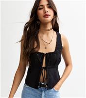 Women's Black Broderie Angalise Tie Front Cami Top New Look