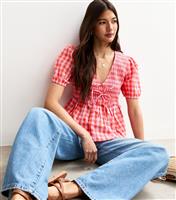 Women's Red Textured Gingham Print Shirred Tie Top New Look