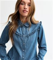 Women's Blue Denim Frilly Trimmed Shirt New Look
