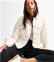 Women's White Button Front Lightly Distressed Denim Jacket New Look