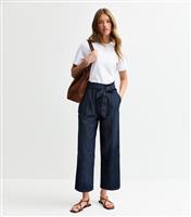 Women's Navy Denim Cropped Paperbag Trousers New Look