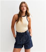Women's Navy Soft Denim Paperbag Belted Shorts New Look
