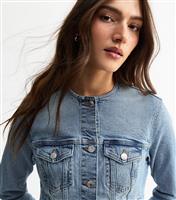 Women's Blue Collarless Denim Jacket New Look