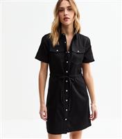 Women's Black Drawstring Waist Denim Mini Dress New Look