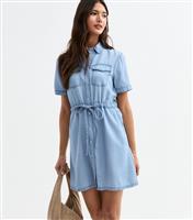Women's Light Blue Chambray Denim-Look Mini Shirt Dress New Look