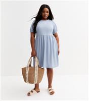 Women's Plus Size Blue Crinkled Bow Back Mini Smock Dress Curves New Look