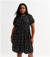 Women's Plus Size Black Polka Dot Tie Front Mini Dress Curves New Look