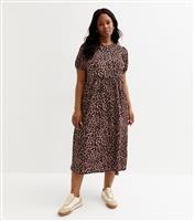 Women's Plus Size Brown Leopard Print Crinkled Bow Back Smock Midi Dress Curves New Look