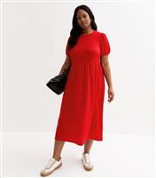 Women's Plus Size Red Crinkled Bow Back Smock Midi Dress Curves New Look