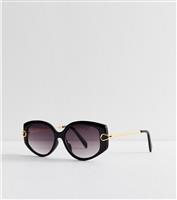 Black Round Frame Gold Trimmed Sunglasses New Look