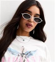 Silver Diamant Embellished Oval Frame Sunglasses New Look