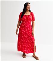 Women's Plus Size Red Polka Dot Print Midi Dress Curves New Look