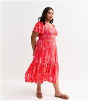 Women's Plus Size Pink Sardine Print Tiered Midi Tea Dress Curves New Look