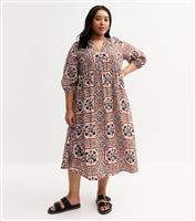 Women's Plus Size Pink Tile Print Smock Midi Dress Curves New Look