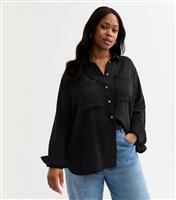 Women's Plus Size Black Crinkled Texture Cotton Shirt Curves New Look