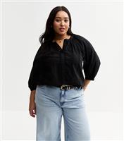 Women's Plus Size Black Broderie Anglaise Cropped Sleeve Blouse Curves New Look