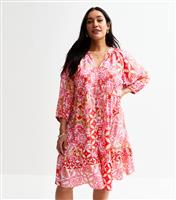 Women's Plus Size Pink Crepe Tile Print Mini Smock Dress Curves New Look