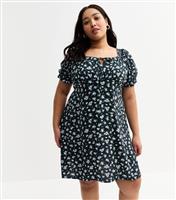 Women's Plus Size Black Floral Print Tie Neck Mini Dress Curves New Look