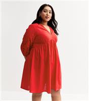 Women's Plus Size Red Broderie Anglaise Trim Smock Mini Dress Curves New Look