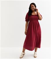 Women's Plus Size Burgundy Puff Sleeve Midi Dress Curves New Look