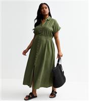 Women's Plus Size Dark Khaki Shirred Waist Midi Shirt Dress Curves New Look