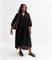 Women's Plus Size Black Embroidered Sleeve Midi Smock Dress Curves New Look