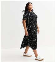 Women's Plus Size Black Spot Print Frill Sleeve Tiered Midi Dress Curves New Look