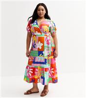 Women's Plus Size Multicolour Patchwork Print Frill Sleeve Midi Dress Curves New Look