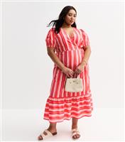 Women's Plus Size Pink Stripe Print Tiered Midi Dress Curves New Look