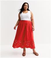 Women's Plus Size Red Cutwork Hem Midi Skirt Curves New Look