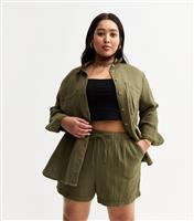Women's Plus Size Khaki Green Double Cloth Muslin Shorts Curves New Look