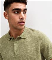 Men's Light Khaki Green Short Sleeve Slub Knit Polo Shirt New Look