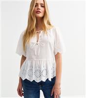 Women's White Broderie Anglaise Tie Front Smock Top New Look